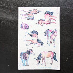 4x6 Watercolor Art Galaxy Speckled Unicorns Sticker Sheet - pink teal blue